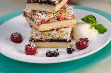 Still life on the table. Sweet cake and a hot drink .