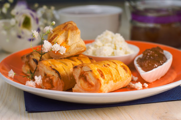 Still life on the table. Sweet cake and a hot drink .