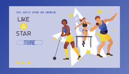 Fototapeta premium Women athletics banner, poster, brochure vector illustration. Exercising female in different poses. Woman figures are training in sport club. Running and jumping. Athletics competition web design.