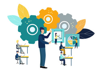 Vector illustration Office staff training. Team thinking. Increase sales and skills