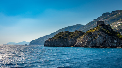 Fototapeta na wymiar View at the Amalfi Coast seen from Mediterranean Sea, near Positano, Italy