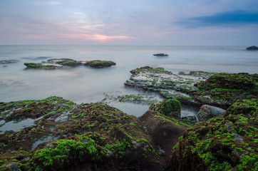 Fototapeta na wymiar A beautiful sunset at Beach full of green moss near Tanah Lot Bali.