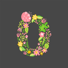 Floral summer Number 0 zero. Flower Capital wedding Uppercase Alphabet. Colorful font with flowers and leaves. Vector illustration scandinavian style