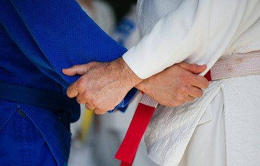 A top category judo trainer with a red-white belt teaches a young judo athlete