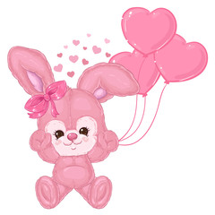 Cute pink fluffy bunny with heart balloons. Children's character. 
