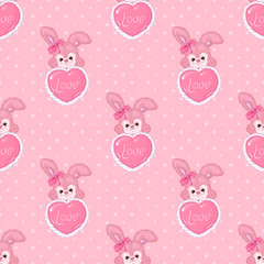 Romantic patter with cute bunnies with hearts on a pink background with stars