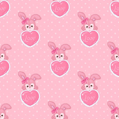 Romantic patter with cute bunnies with hearts on a pink background with stars