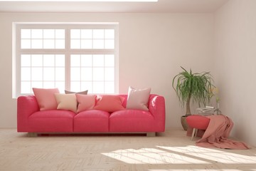 Coral stylish minimalist room with sofa. Scandinavian interior design. 3D illustration