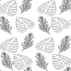 seamless floral pattern with tropical leaves, monstera on the white background can be used for textile printing or background, summer line art © Guzel