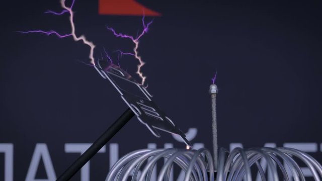Wireless power, electricity, education, science and physics concept - high-voltage experiment with tesla coil at futuristic technology exhibition
