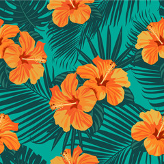 Tropical flowers and palm leaves on background. Seamless. Vector pattern. - obrazy, fototapety, plakaty