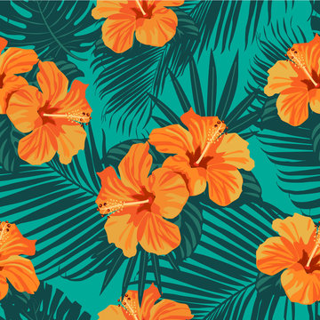 Fototapeta Tropikalne kwiaty i liście palmowe na tle. Bezszwowy. Wektor wzór.