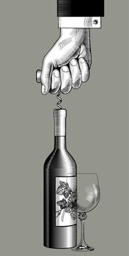 Hand open a wine bottle with a corkscrew and a wineglass. Vector illustration
