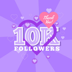 10K Followers and thank you banner background with heart bubble icons. Template for social media post. Vector Cover for your design.