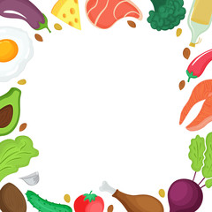 Keto diet banner. Ketogenic low carb and protein, high fat. Square frame of vegetables, meat, fish and other food.