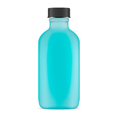 Glass Cosmetic Bottle. Realistic 3d Blue Flask. Vector Package Template with Black Plastic Cap. Cleansing Treatment Opaque Packaging. Matt Medicine Flacon. Face Care Product Jar.