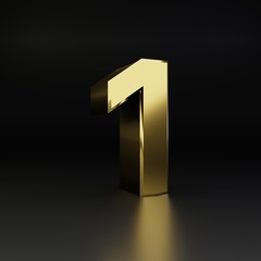 Golden number 1. 3D render shiny metal font isolated on black background