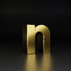 Golden letter N lowercase. 3D render shiny metal font isolated on black background