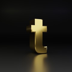 Golden letter T lowercase. 3D render shiny metal font isolated on black background