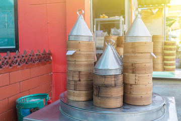 Tower of dim sum dumpling in the basket at Thailand