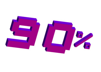 Pixel art illustration. Sale 90 percent off. 3D with leaves sale 90% on  white background. Unique selling background for flyer, poster, shopping, for symbol sign, discount, selling, banner