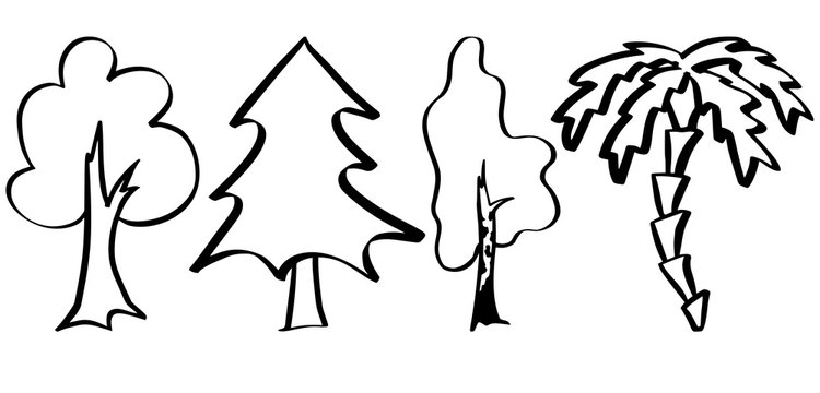Silhouettes of trees set. Hand drawing.
