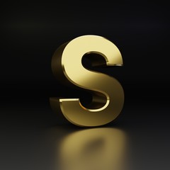 Golden letter S uppercase. 3D render shiny metal font isolated on black background