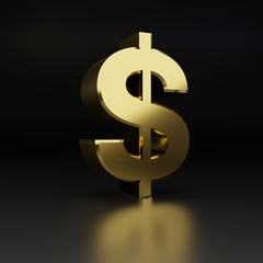 Golden dollar symbol. 3D render shiny metal font isolated on black background