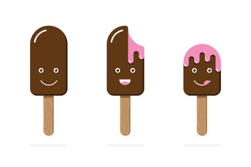 Ice cream on wooden stick chocolate glaze pink filling different emotion face emoji set smile funny laugh licking lips melting. Vector illustration cartoon style