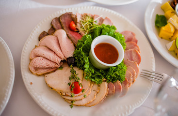 Appetizers and salads on the banquet table