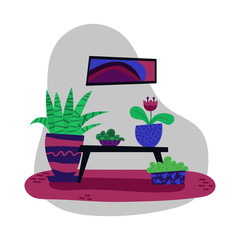 Flat cartoon interior. Living room with a house plants. Hygge. Isolated vector illustration.