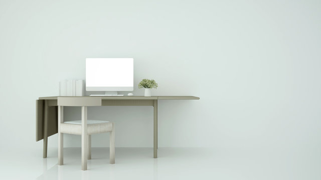 Workplace on white tone in study room or office and empty space for add message. 3D Illustration for Work space.