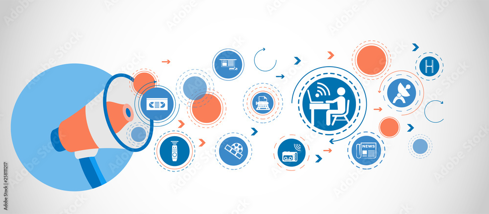 Poster man sitting on the table with wifi icon around the laptop icon. detailed set icons of media element 