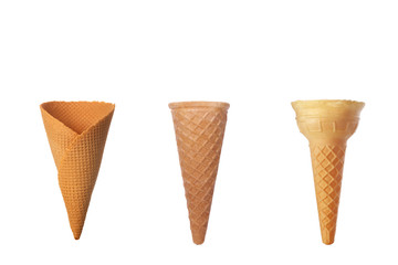 Collection of empty ice cream cone isolated on white background