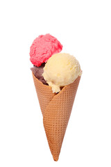 Ice cream cone with three different scoops of ice cream