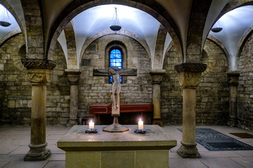 Fototapeta na wymiar Interior of The medieval crypt in St. Peter's Cathedral. Bremen, Germany. March 2019