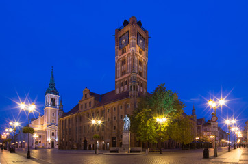 Fototapeta na wymiar Historic city center in Torun. Statue of astronomer Nicolaus Copernicus and the Town Hall. Torun, Poland