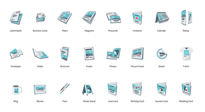 Set of vector printout icons. Brochure, business card, flyer, magazine, postcard, poster, banner, rollup, sticker, mug, folder, other printing shop products. Promotion print advertising materials. 