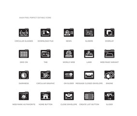 set of 20 black filled vector icons such as slider, engine, web page variant, overlay, create list button, close envelope, grid on, sliders, news, download file. web black icons collection. editable