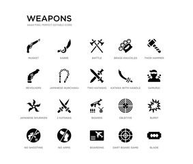 set of 20 black filled vector icons such as blade, burst, samurai, thor hammer, dart board game, boarding, revolvers, brass knuckles, battle, sabre. weapons black icons collection. editable pixel