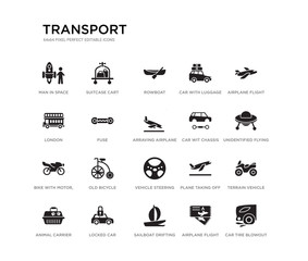 set of 20 black filled vector icons such as car tire blowout, terrain vehicle, unidentified flying, airplane flight, airplane flight tickets, sailboat drifting, london, car with luggage, rowboat,