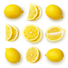 Set of whole and sliced lemons isolated on white background. Top view.