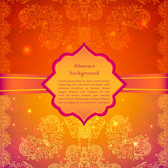 Vintage beige flowers ornament in Indian style background with ribbon and label