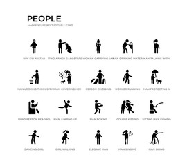 set of 20 black filled vector icons such as man skiing, sitting man fishing, man protecting a dog with an umbrella, talking with phone, singing, elegant looking through the garbage container,