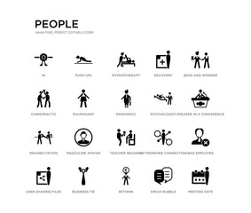 set of 20 black filled vector icons such as meeting date, bad employee, speaker in a conference, boss and worker, speak bubble, rethink, chiropractic, recovery, physiotherapy, push ups. people black