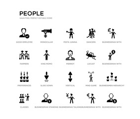 Naklejka premium set of 20 black filled vector icons such as businessman with dollar money, businessmen hierarchy, businessman with financial message about dollar, businessman with pound currency, euro currency,