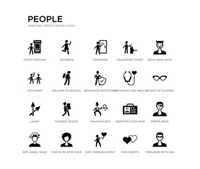 set of 20 black filled vector icons such as teenager with sun glasses, pirate head, couple of glasses, devil head with horns, two hearts, man thinking about love, occupant, validating ticket,