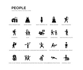 set of 20 black filled vector icons such as criminal heist, scholar girl front, man playing a flute, man attacking, person practicing a strengthen posture, man walking through the wind, students,