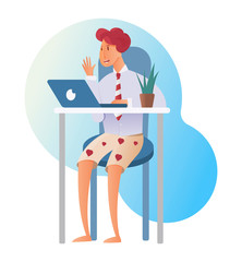 laptop and internet communication, man holds a video conference, video chat with employees at home, freelancer and his workplace, Remote worker suit, Vector image, cartoon character
