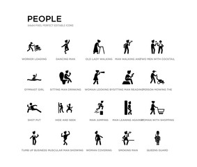 set of 20 black filled vector icons such as queens guard, woman with shopping cart, person mowing the grass, two men with cocktail glasses, smoking man, woman covering, gymnast girl, man walking and